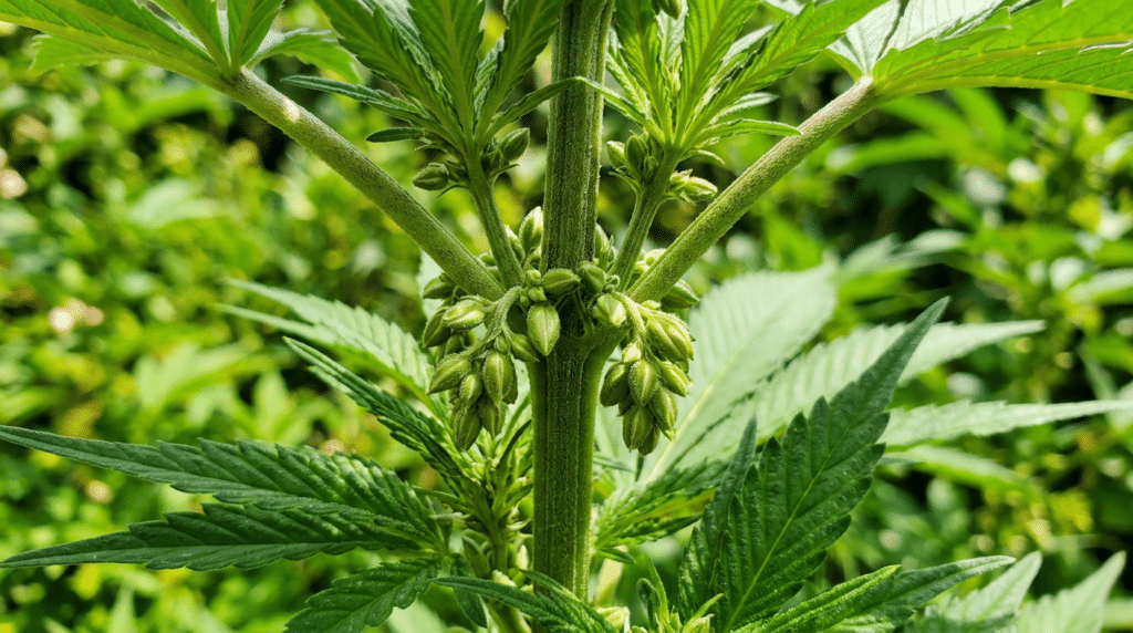 Male cannabis plant pollen sacs close up at the stem nodes with green leaves in an outdoor garden.