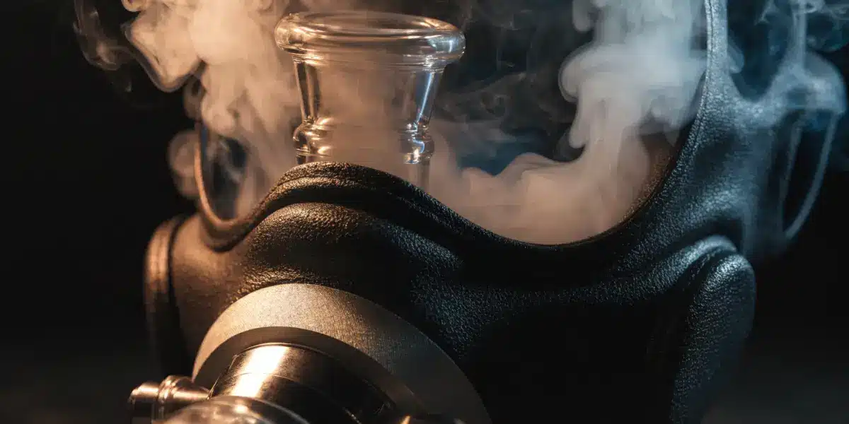 Close-Up of a Gas Mask Bong Filled with Smoke
