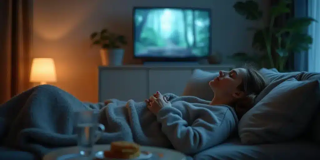 Woman lying on a couch after consuming alcohol and cannabis, experiencing the cross-faded effect while watching TV.