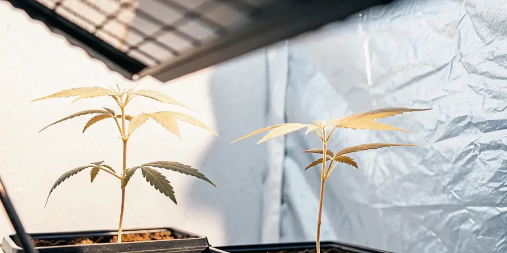 Two cannabis seedlings under LED grow lights in reflective indoor grow room for optimal light distance.