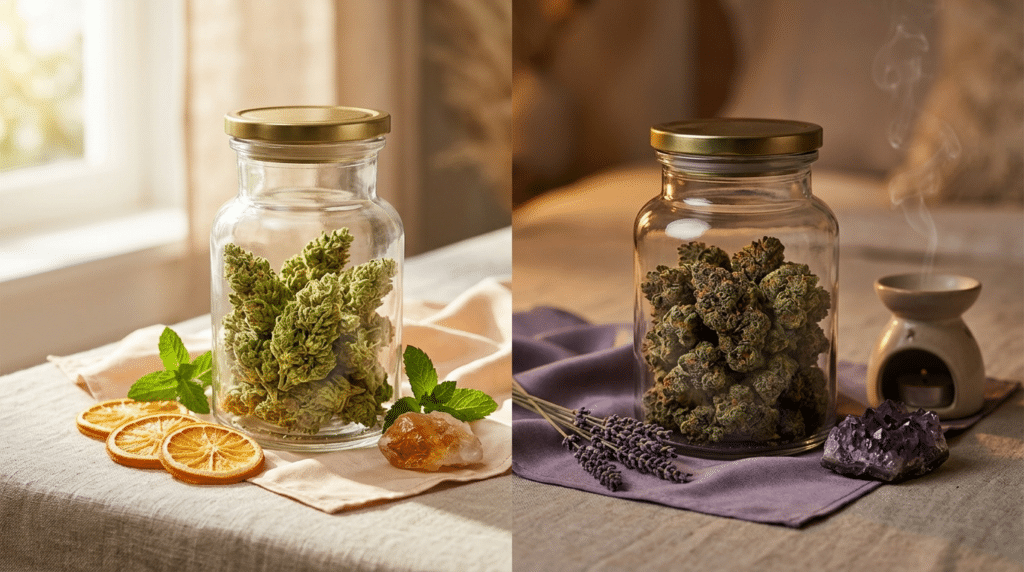 Cannabis aromatherapy day and night jars with flower, citrus, lavender, crystals, and soft ambient light.
