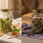 Cannabis aromatherapy day and night jars with flower, citrus, lavender, crystals, and soft ambient light.