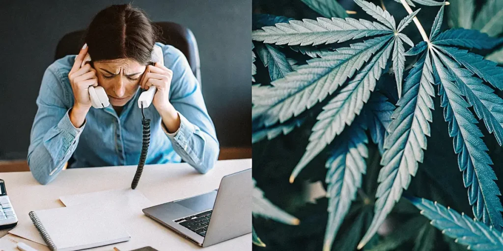 Cannabis leaves and office stress concept for work-related stress
