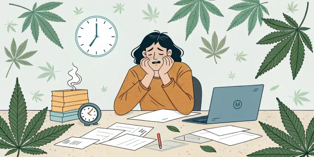 Illustration of stressed office worker surrounded by cannabis leaves for stress relief