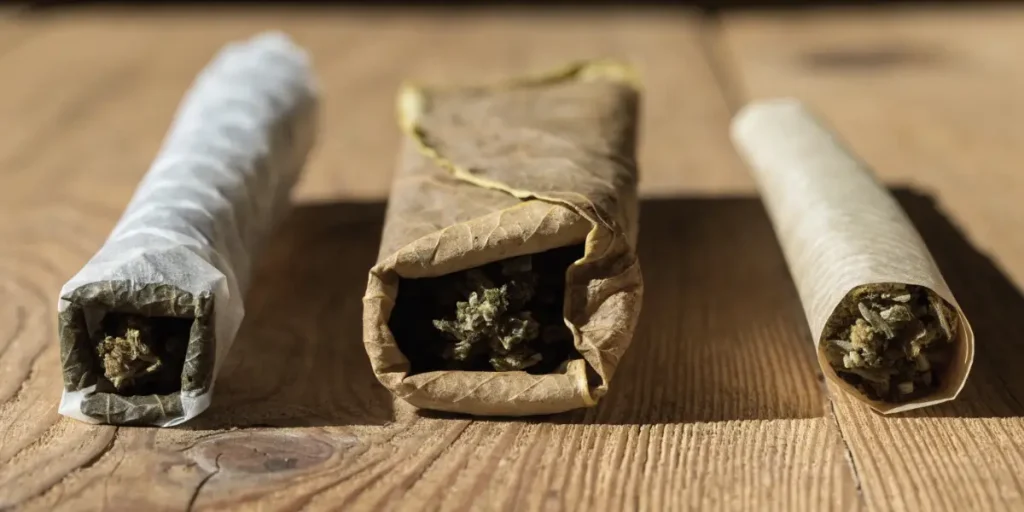 Cannabis Joints, Blunt and Spliff on a Wooden Table
