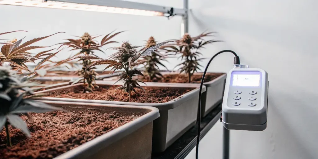 Indoor Cannabis Plants with Digital pH Meter