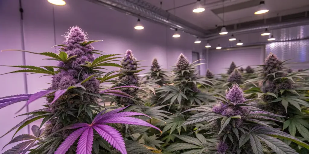 lush purple cannabis buds in an indoor cultivation setup