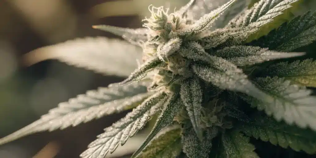 Macro Close-Up of Trichome-Covered Cannabis Leaves
