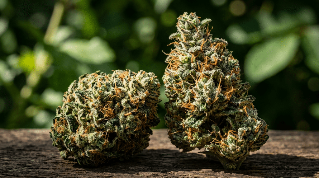 Premium cannabis buds close up with frosty trichomes and orange pistils on a natural green background.