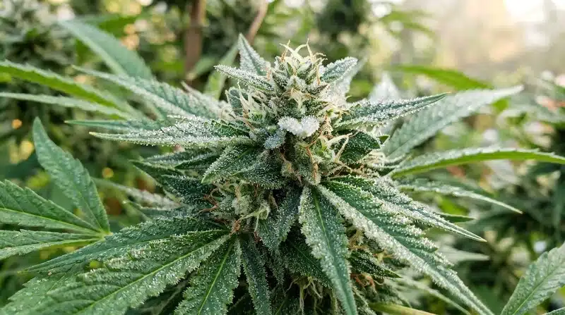 Lavender OG strain with dense purple buds, orange pistils, and frosty trichomes, surrounded by green leaves in a sunlit outdoor setting.