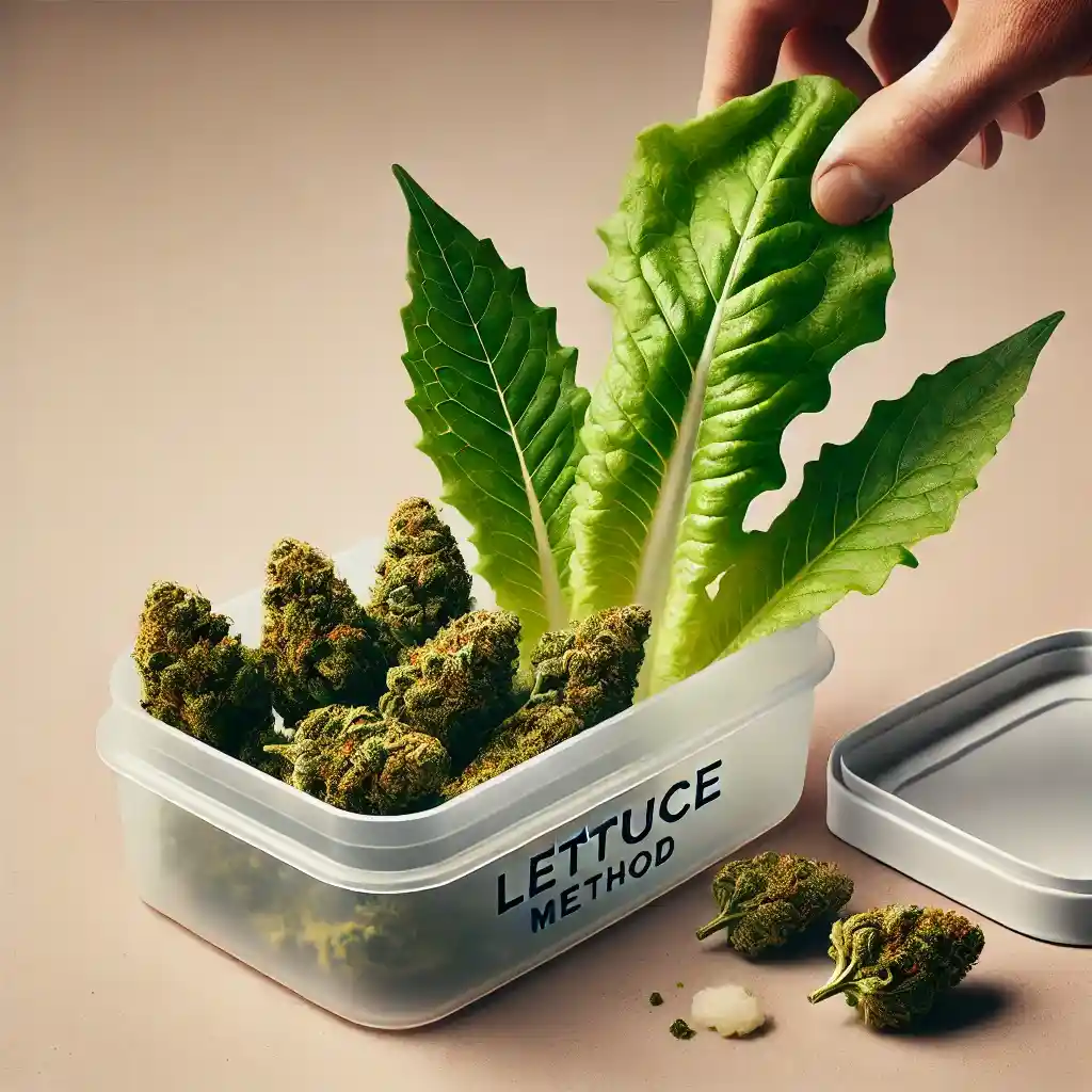 Plastic container with cannabis buds and lettuce leaves, illustrating the lettuce method for rehydrating weed.