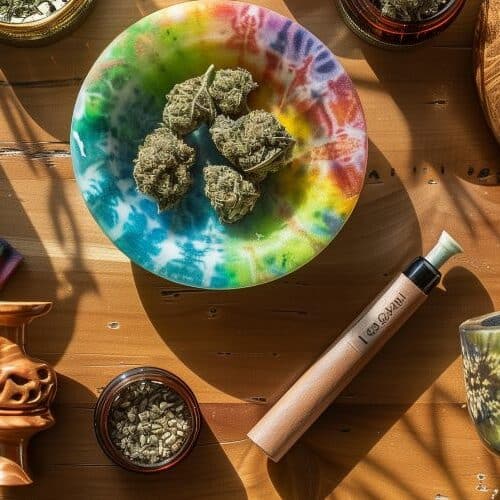 A variety of colorful smoking accessories and cannabis on a wooden table.