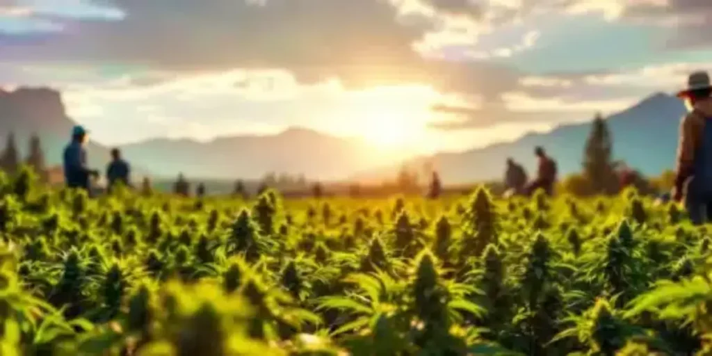 Vast field of cannabis plants at sunset with workers silhouetted against golden sky and distant mountains.