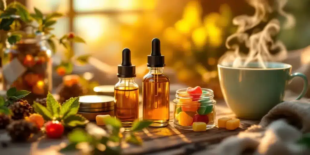 THC edible gummies and tinctures for anxiety relief with a cup of tea on a wooden table.