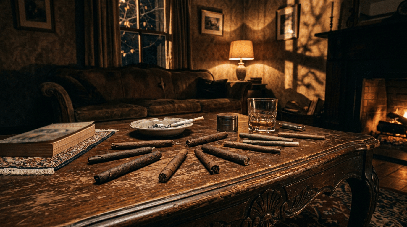 Assorted blunts in cozy evening lounge on a rustic table with whiskey glass and fireplace background.