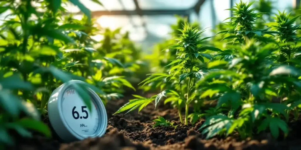 Soil pH meter reading 6.5 among healthy cannabis plants in a greenhouse