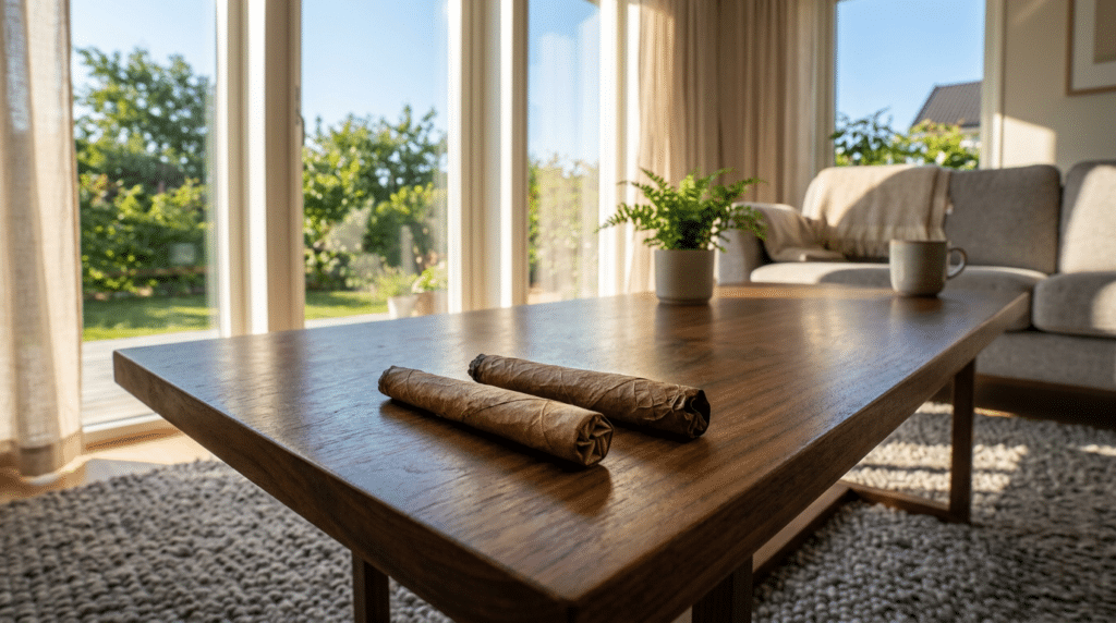 Two blunts on wooden coffee table in a bright living room with large windows and natural sunlight.