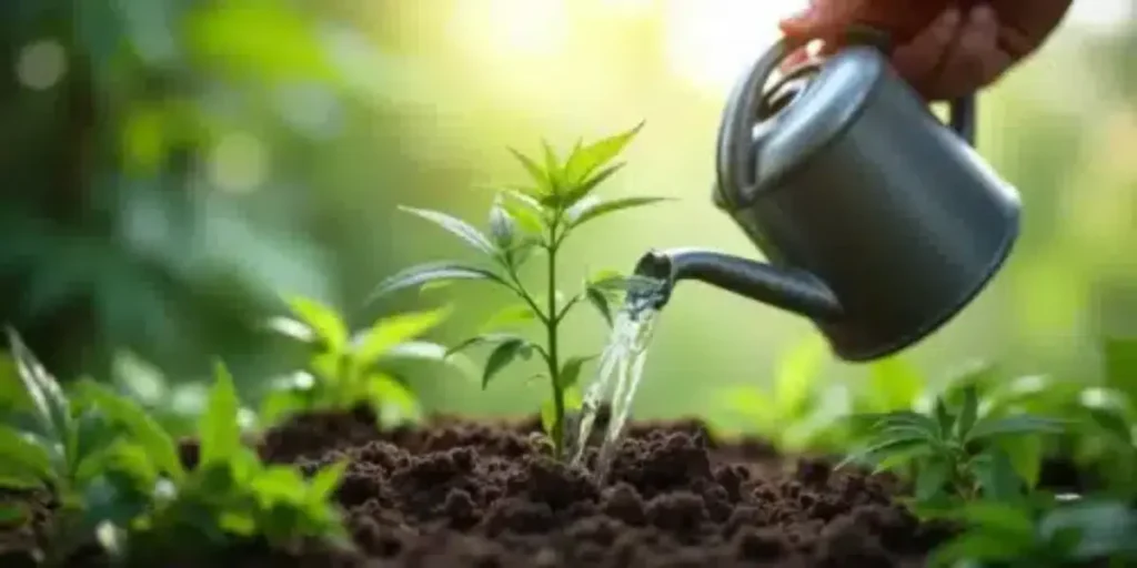 Hand watering a young autoflower cannabis seedling growing in soil under natural sunlight