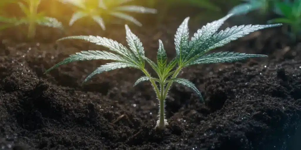Young Cannabis Seedling Growing in Rich Soil