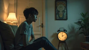 A person sitting on a couch in a dimly lit room, with a clock in the background showing late evening hours