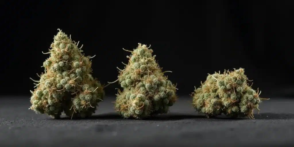 Comparison of mids weed and higher-grade cannabis piles on a wooden table with quality labels.
