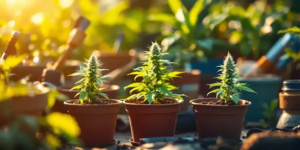 Hand nurturing a cannabis plant in a container, demonstrating the process