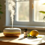 A modern aromatherapy diffuser with a bottle labeled THC and a fresh lemon, symbolizing the combination of lemon terpenes and cannabis.