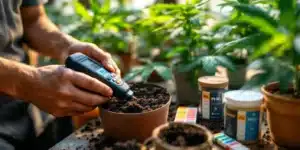 Hands carefully tending to an autoflower plant in a pot, illustrating steps on how to clone autoflower plants.