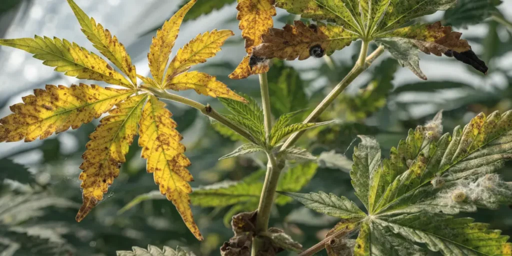 Close-up of cannabis leaves showing yellowing, brown spots and damaged edges, illustrating potential nutrient deficiencies or plant health problems.