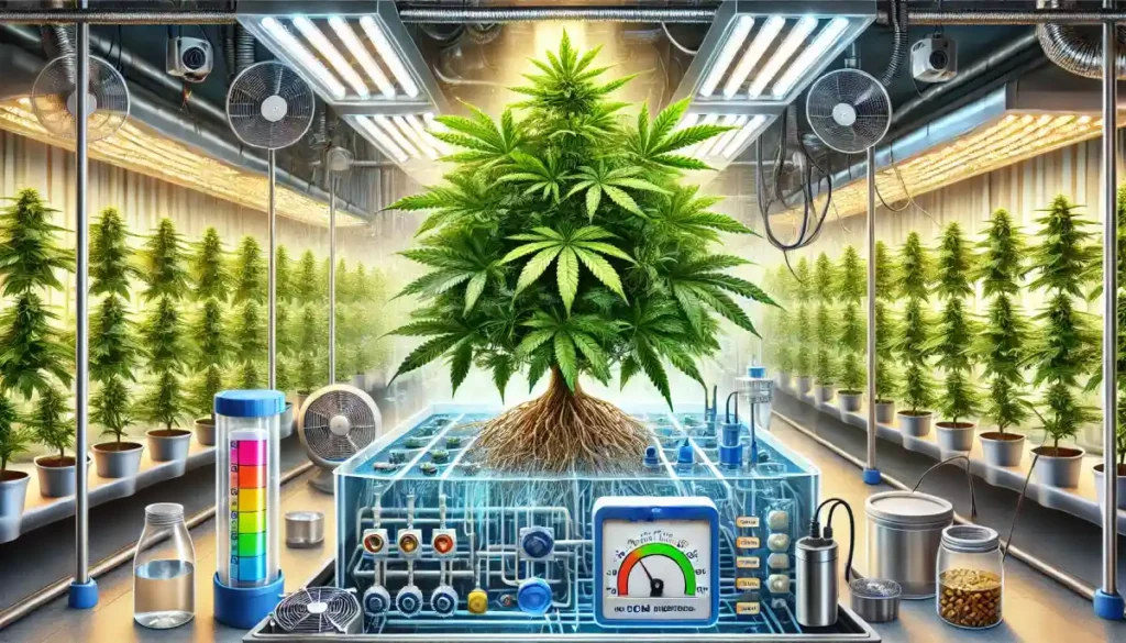 High-tech ECM cannabis grow room featuring precise environmental and nutrient management systems.