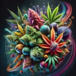 Vibrant collage of exotic weed names 2024, featuring colorful cannabis buds and leaves with creative, abstract elements.