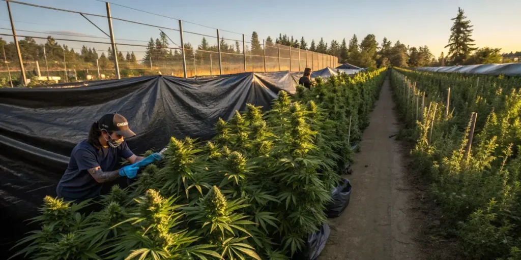 outdoor cannabis farm using light deprivation technique with worker inspecting cannabis plants at sunset
