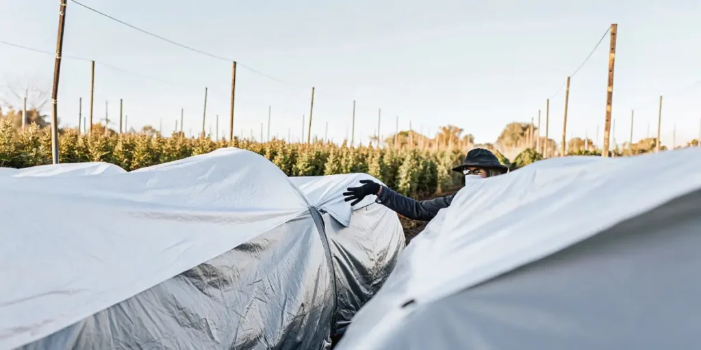 worker covering rows of cannabis plants on an outdoor light deprivation farm