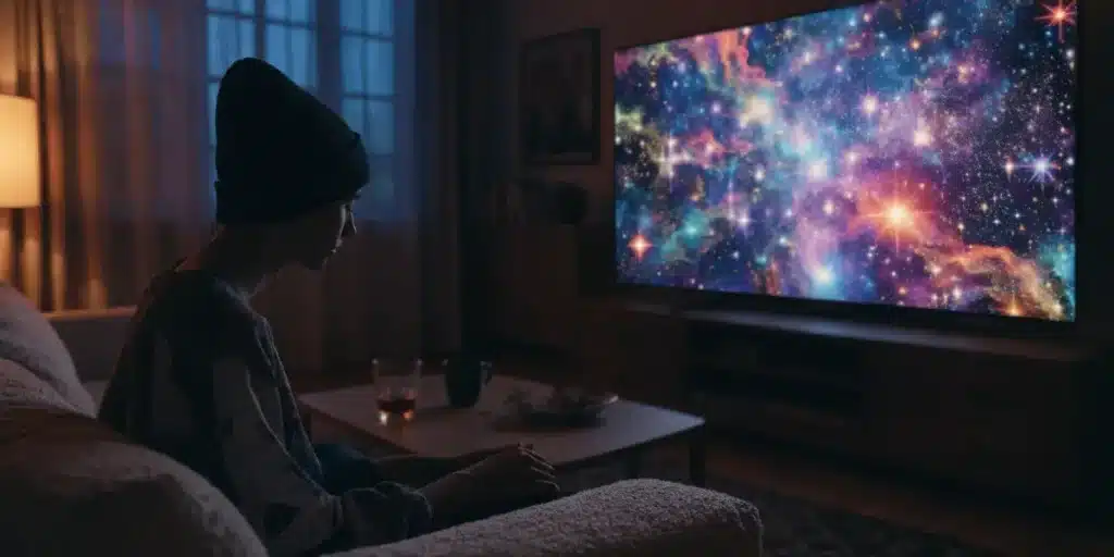 Person Watching a Colorful Galaxy on TV at Night