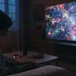 Person Watching a Colorful Galaxy on TV at Night
