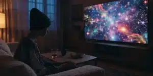 Person Watching a Colorful Galaxy on TV at Night