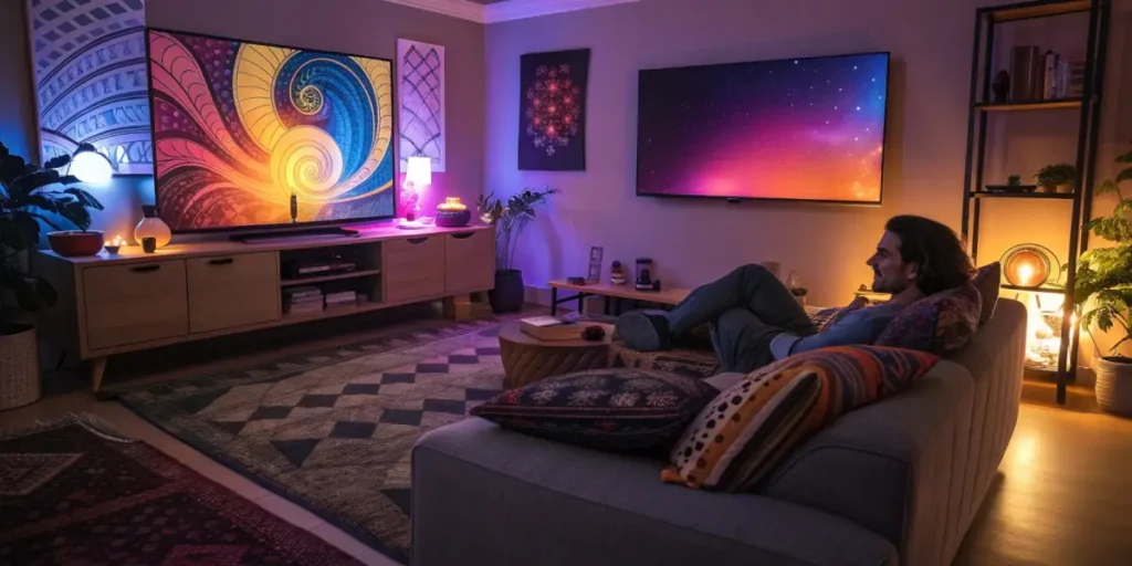 Vibrant psychedelic-themed living room with colorful lighting and TV display.