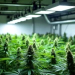 A well-ventilated cannabis grow room filled with mature plants under bright LED lighting, optimized for large-scale indoor cultivation.