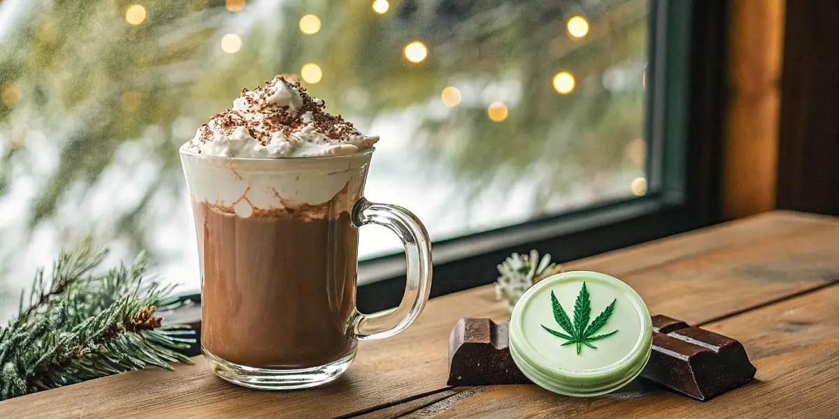 Steaming mug of cannabis-infused hot chocolate with whipped cream, beside a cannabis tin and chocolate bar, by a window with blurry festive lights.
