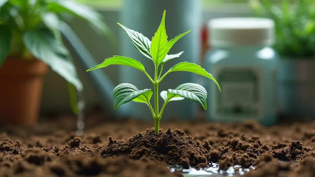 1 week old seedling in soil, with water gently applied around the base to support initial growth.