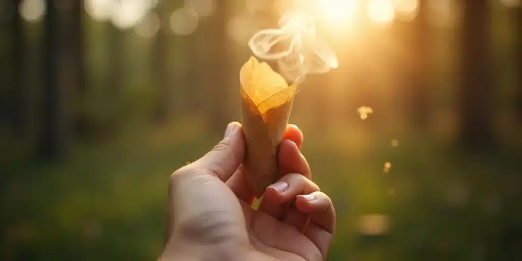 Hand holding a lit hemp cone releasing smoke in a natural outdoor setting, highlighting the best hemp cones for weed.
