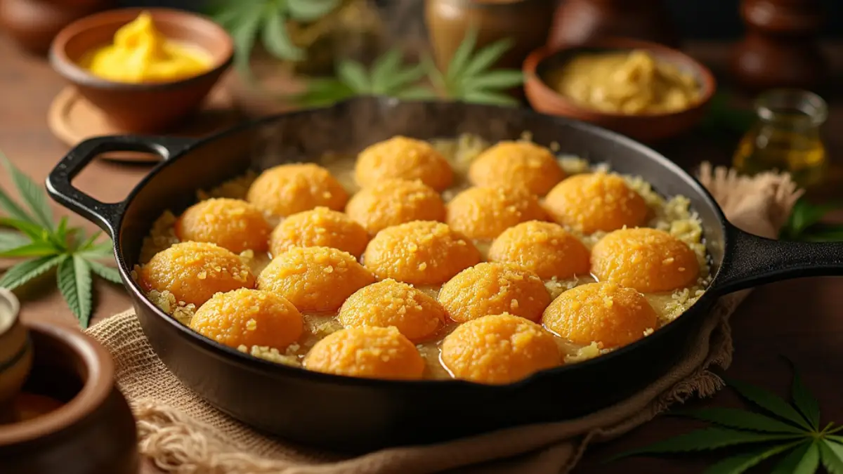 Fresh cannabis-infused edibles cooking in a skillet with leaves in the background