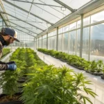 Hyper-realistic scene: cannabis grower in cap and gloves tending to rows of young cannabis plants in a bright greenhouse, with snowy mountains in background.