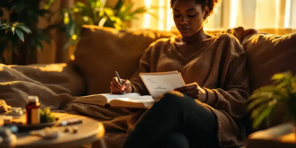 Woman engaged in reading and writing to distract from hunger while high, practicing mindful activities to curb cravings.