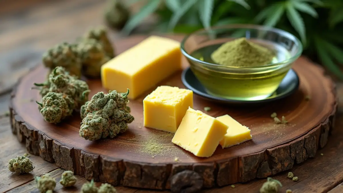 Cannabis buds, butter sticks, and cannabis-infused oil on a wooden board
