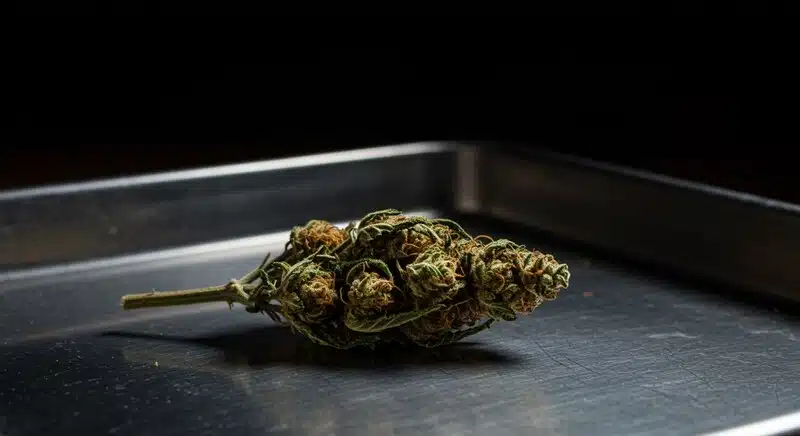 Rainbow Kush cannabis bud with green, and orange hues, coated with trichomes.