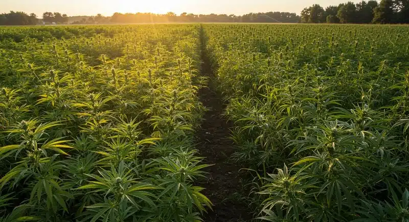 Rows of mature cannabis plants in an outdoor farm bathed in warm sunset light.