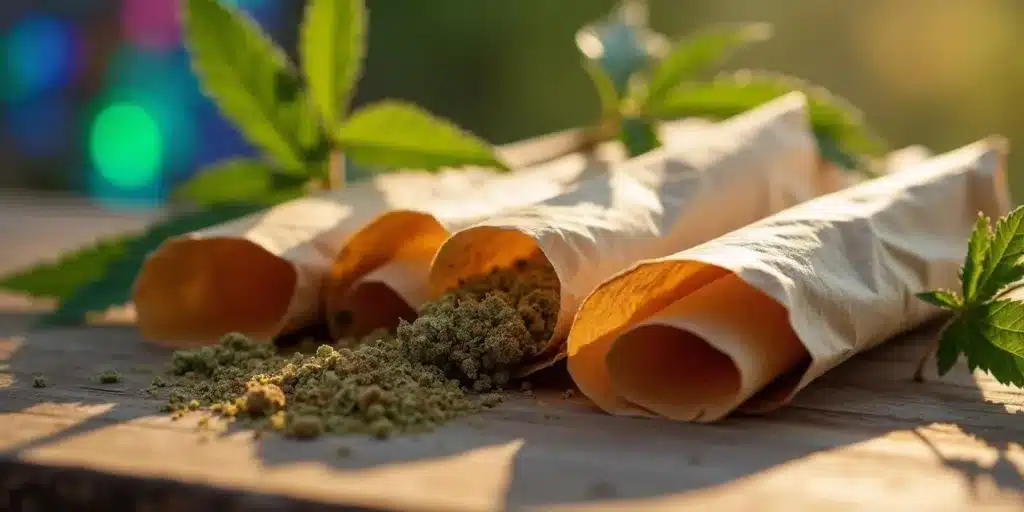 Hemp cones filled with ground cannabis on a wooden surface, surrounded by fresh cannabis leaves, representing the best hemp cones for weed.