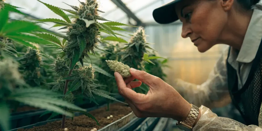 Cannabis Breeder Inspecting Mature Cannabis Buds