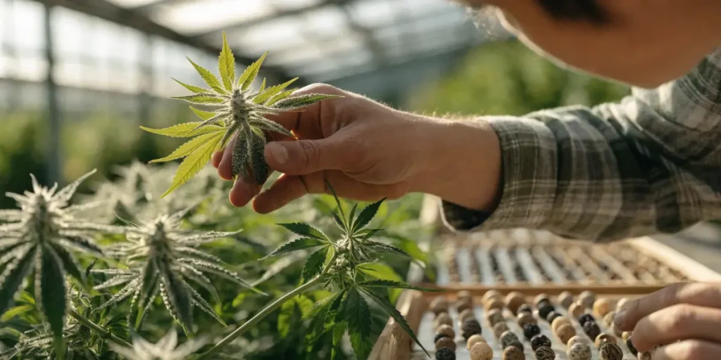 Cannabis Grower Inspecting a Flowering Cannabis Plant